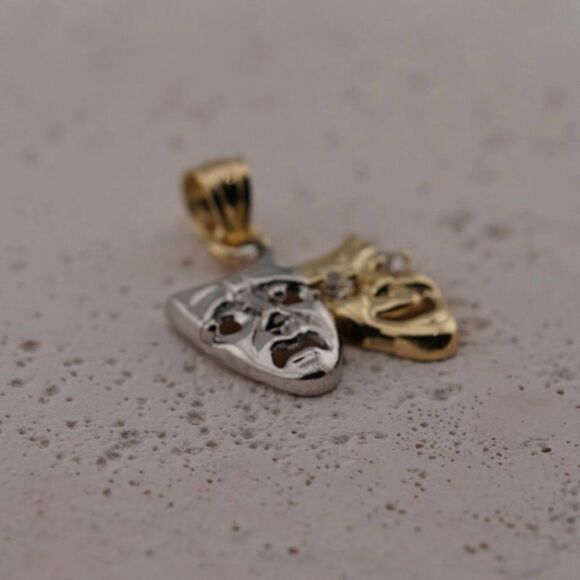 14k Solid Yellow Gold Comedy & Tragedy Pendant | Theatrical Artistry Charm | - Picture 4 of 6